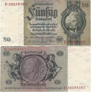 NIEMCY, 50 REICHSMARK 1933, numer 8 cyfr, litera L, seria E, Pick 182a