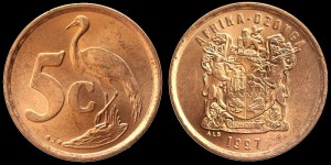 Afryka Płd. RPA, 5 Cents żuraw rajski, KM 160, Stan I