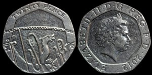 Anglia, 20 Pensów,  fragment królewskiego godła, KM 1111, stan I