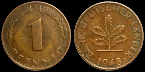 Niemcy, 1 Fenig 1948G Bank Deutcher Lander, KM A101, stan III