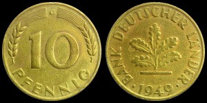 Niemcy, 10 Fenigów 1949G, Bank Deutcher Lander, KM 103, Stan III