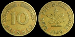 Niemcy, 10 Fenigów 1949J, Bank Deutcher Lander, KM 103, Stan III
