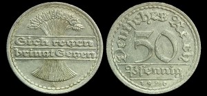Niemcy, 50 Fenigów 1920A Rep. Weimarska, KM 27, stan I-