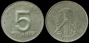 Niemcy-NRD, 5 Fenigów 1952E, KM 6, Stan II