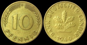 Niemcy, 10 Fenigów 1949D, Bank Deutcher Lander, KM 103, Stan III