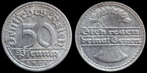 Niemcy, 50 Fenigów 1921F Rep. Weimarska, KM 27, stan I-