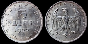 Niemcy, 3 Marki 1922A Republika Weimarska, KM 29, stan I