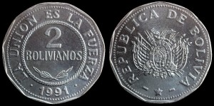 Boliwia, 2 Bolivianos 1991, KM 206.1, stan I