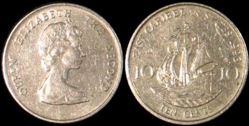 East Carribean States Żaglowiec,10 Cents różne roczniki KM 13.jpg