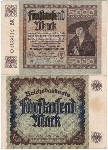NIEMCY, 5000 MARK 2.12.1922, X 6 cyfr XX, Pick 81d