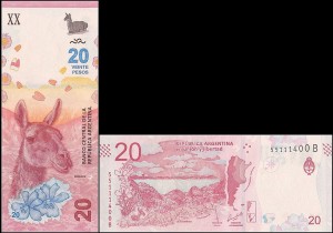 ARGENTYNA, 20 PESOS (2017), seria B, Guanako, Pick 361(1)