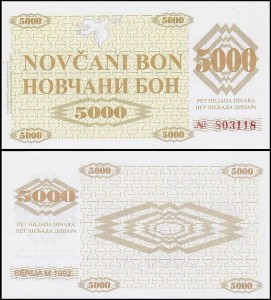 BOŚNIA I HERCEGOWINA, 5000 DINARA 1992, zastępczy, Pick 9r