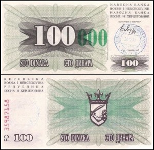BOŚNIA I HERCEGOWINA, 100000 DINARA 1993, Travnik, Pick 56c
