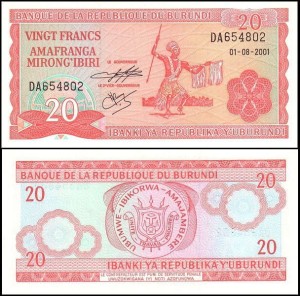 BURUNDI, 20 FRANCS 2001, Pick 27d
