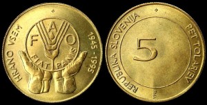 Słowenia, 5 Tolarjev 1995 50 lat FAO, KM 21, Stan I 