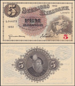 SZWECJA 5 KRONOR 1952, podpisy nienot. W banknote.ws, Pick 33ai
