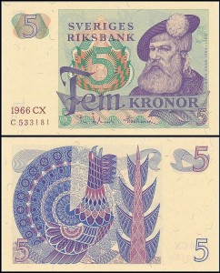SZWECJA 5 KRONOR 1966, litera  CX po dacie Pick 51a