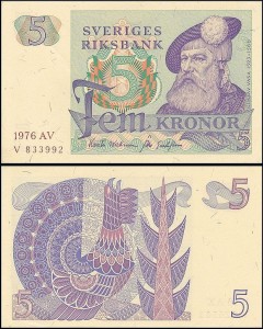 SZWECJA 5 KRONOR 1976, litera AV po dacie Pick 51c
