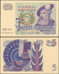 SZWECJA 5 KRONOR 1967, litera AV po dacie Pick 51a