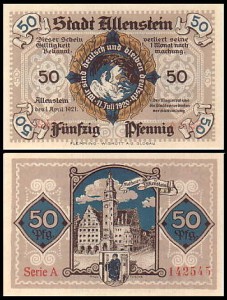 OLSZTYN - ALLENSTEIN, 50 FENIGÓW 1.IV.1921 Kościół Seria B
