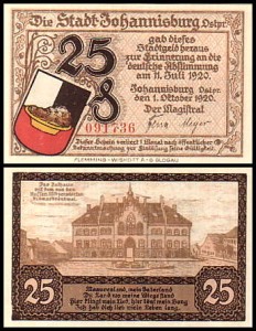PISZ - JOHANNISBURG, 25 FENIGÓW 11.VII.1920, numer bez No