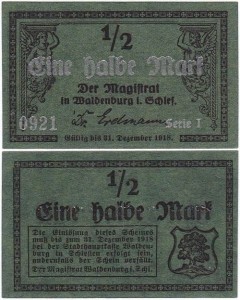 WAŁBRZYCH - WALDENBURG 1/2 MARKI do 31.XII.1918, numerator srebrny - odstęp 31 mm - Seria I