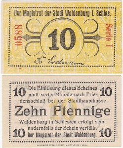WAŁBRZYCH - WALDENBURG, 10 FENIGÓW b.r., seria I z prawej str., druk czarny num. 4 cyfry