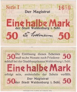WAŁBRZYCH - WALDENBURG, 1/2 MARKI b.r., seria I, numerator 4 cyfry, nazwa drukarni 