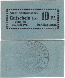ZANIEMYŚL - SANTOMISCHEL 10 FENIGÓW do 30.VI.1917, zielononiebieski
