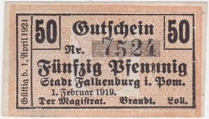 ZŁOCIENIEC - FALKENBURG in P. 50 FEN 1.II.1919, ważny do 1.IV.1921, poddruk - kółka, nr. 4 cyfry, data z lewej strony