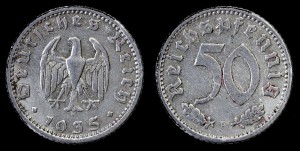 Niemcy, 50 Fenigów 1935 F, III Rzesza, KM 87, stan III+
