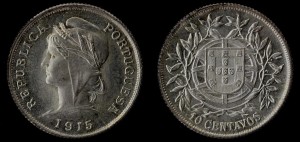 Portugalia, 10 Centavos Ag 1915, KM 563, stan I