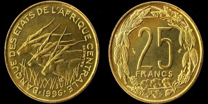 Afryka Centralna (Afryka Równikowa), 25 Francs 1996, KM 10