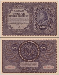 POLSKA, 1000 MAREK POLSKICH 23.8.1919, I SERJA CB, Parch. 71b