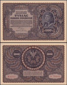 POLSKA, 1000 MAREK POLSKICH 23.8.1919, III SERJA T, Parch. 71e