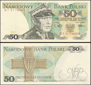 POLSKA, 50 ZŁOTYCH 1.12.1988, seria GT, Parch. 184f2
