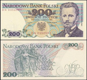 POLSKA, 200 ZŁOTYCH 1.6.1986, seria DN, Parch. 190e2