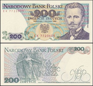 POLSKA, 200 ZŁOTYCH 1.12.1988, seria EK, Parch. 190f2