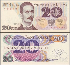 POLSKA, 20 ZŁOTYCH 1.6.1982, seria A, Parch. 180a