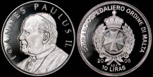 Malta - Zakon Maltański, 10 Liras 2005, JPII, Popiersie w lewo