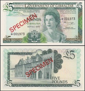 GIBRALTAR, 5 POUNDS 1975, SPECIMEN, Pick 21as