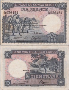KONGO BELGIJSKIE 10 FRANCS 10.6.1944 Pick 14D
