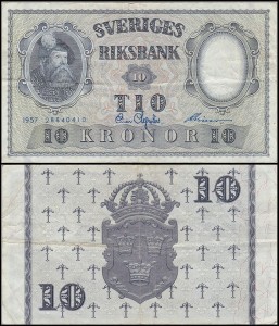 SZWECJA 10 KRONOR 1957, podpisy nienot. W banknote.ws,  Pick 43e