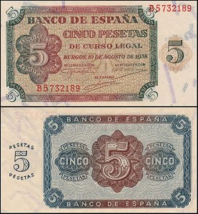 HISZPANIA, 5 PESETAS 1938 Pick 110a