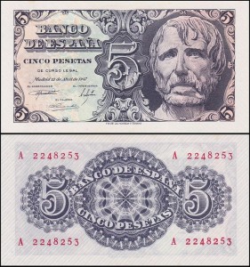 HISZPANIA, 5 PESETAS 1947 Pick 134a