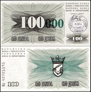 BOŚNIA I HERCEGOWINA, 100000 DINARA 15.10.1993, Travnik, Pick 56a