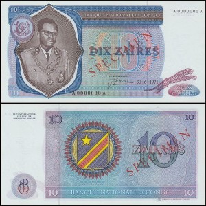 KONGO – REPUBLIKA DEM. 10 ZAIRES 30.6.1971 SPECIMEN A0000000A, Pick 15as