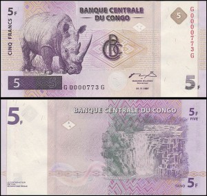 KONGO – REPUBLIKA DEM. 5 FRANCS 1997, HdM, niski nr 3 - cyfr. Pick 86A