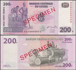 KONGO - REPUBLIKA, 200 FRANCS 2007, SPECIMEN, G&D, Pick 99as