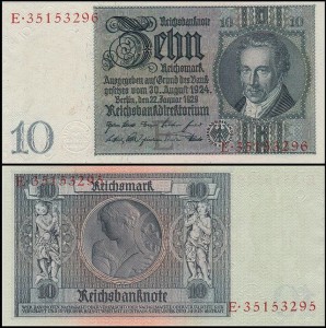 NIEMCY, 10 REICHSMARK 1929, poddruk - litera E, prefix E, Pick 180a1